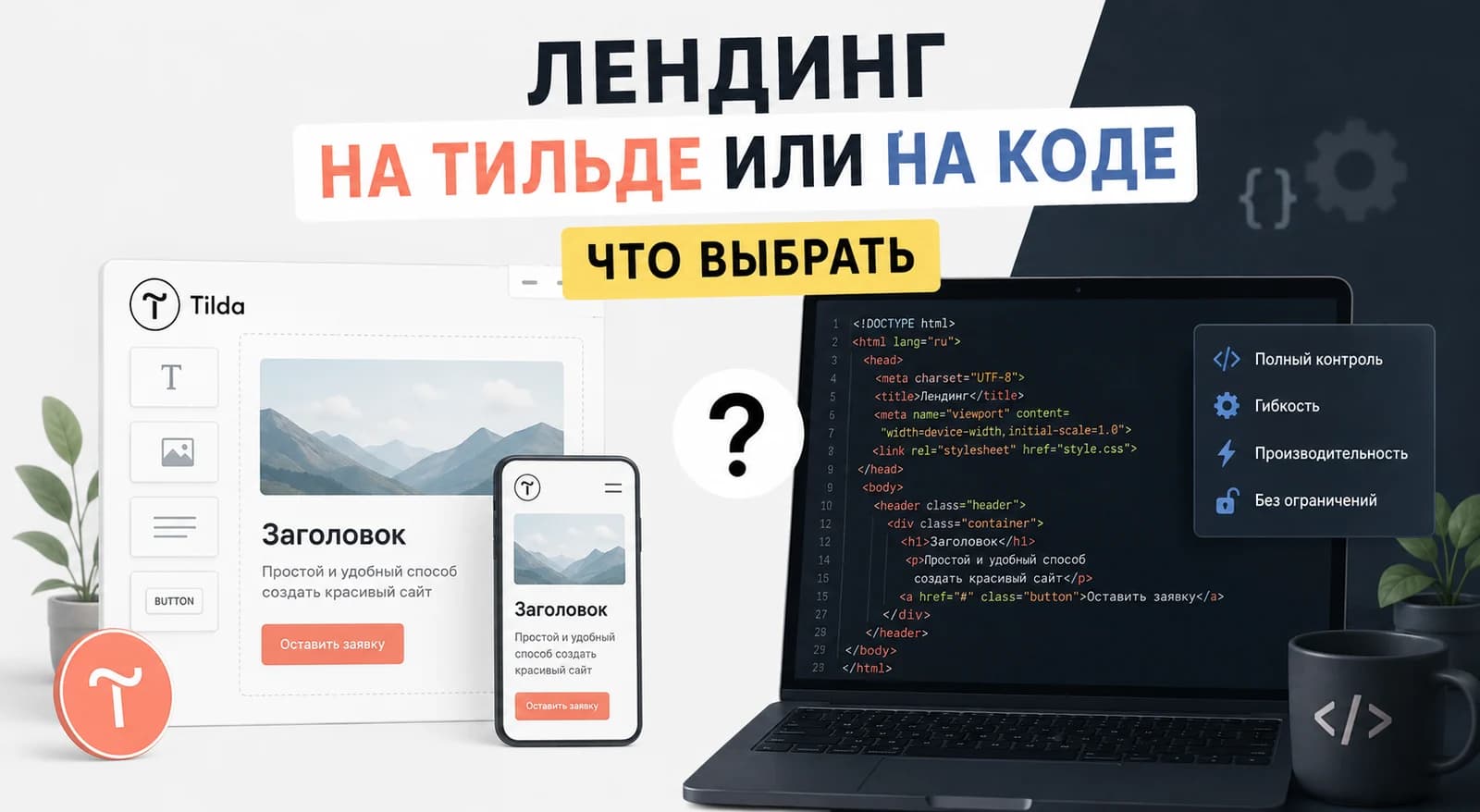 Слева редактор Тильды с готовыми блоками, справа ноутбук с кодом страницы